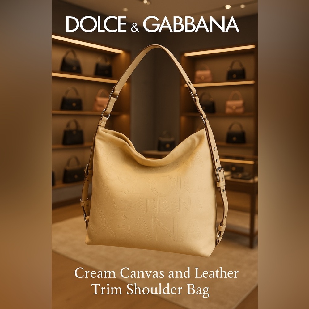 Dolce and Gabbana Cream Canvas and Leather Trim Shoulder Bag w COA